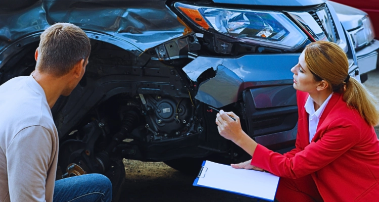 Car insurance staff with the driver inspecting the damage of the car after an accident.