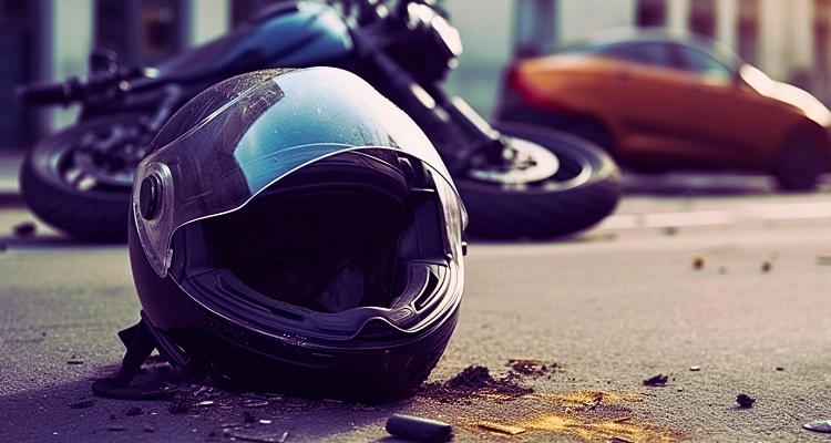 What are the Rules about Helmets and Insurance for Electric Bikes and Scooters? 5 Motorcycle helmet on the ground and a motorcycle at the back.